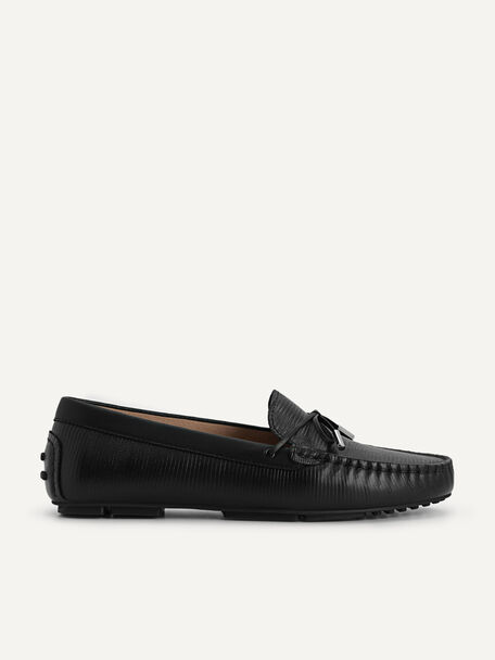 Lizard-effect Leather Bow Driving Shoes, Black, hi-res