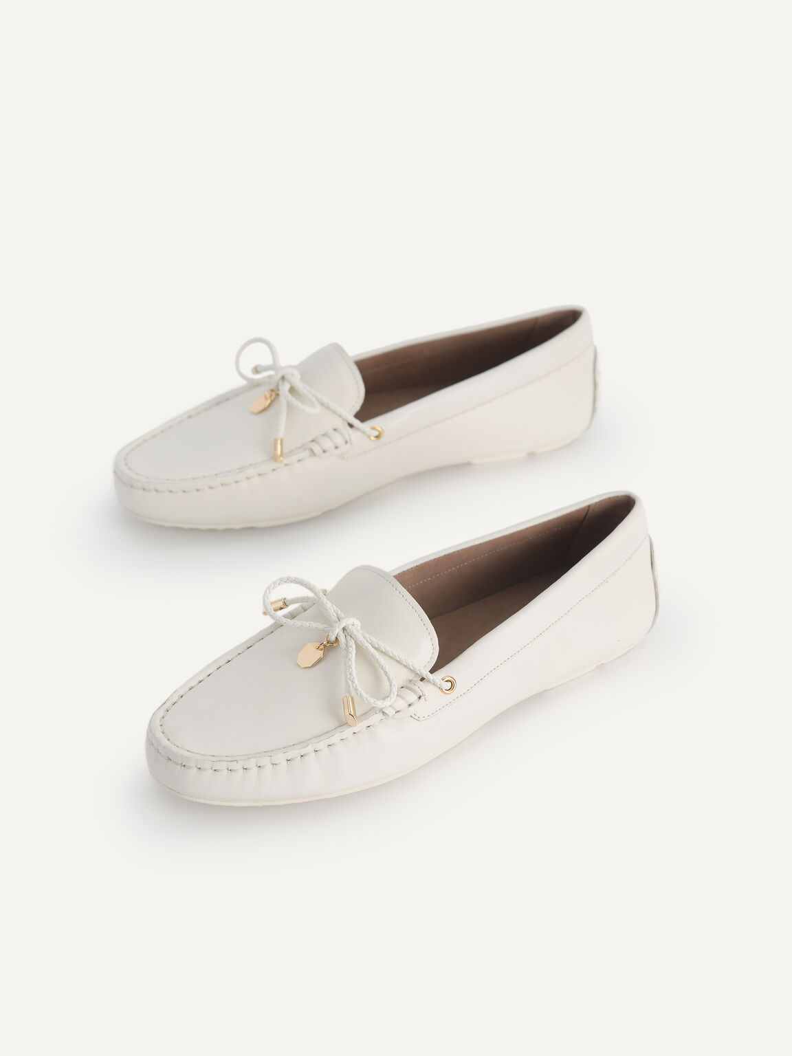 Leather Bow Driving Shoes, Chalk