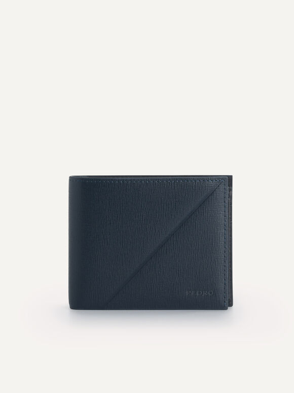 Textured Leather Bi-Fold Wallet with Insert, Navy, hi-res
