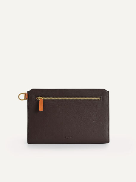 Textured Clutch with Keychain, Brown, hi-res