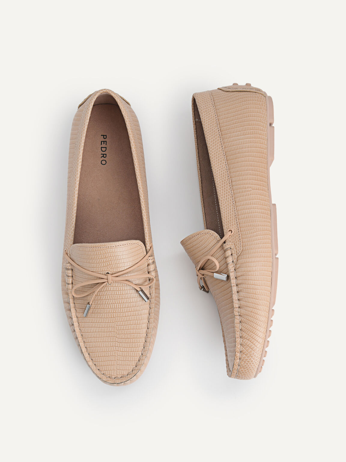 Lizard-effect Leather Bow Driving Shoes, Nude