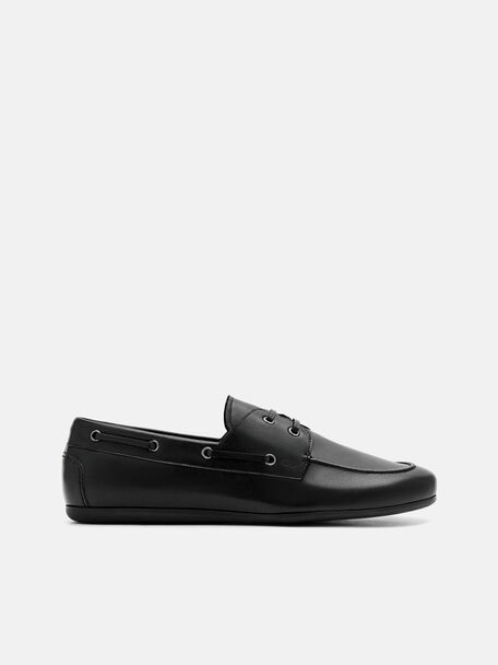 Leather Boat Shoes, Black, hi-res