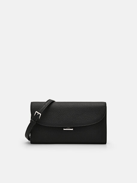 Embossed Leather Bi-Fold Long Wallet, Black, hi-res