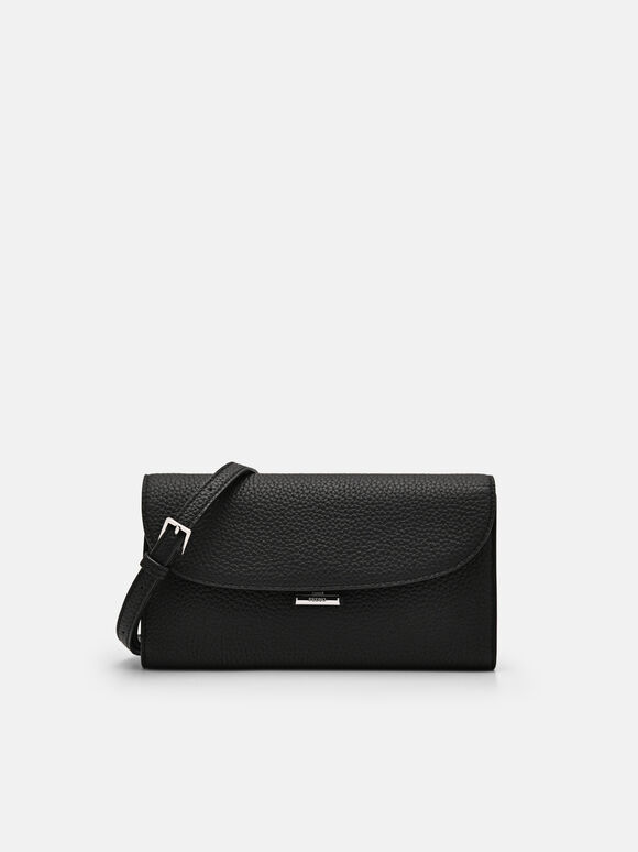 Embossed Leather Bi-Fold Long Wallet, Black, hi-res