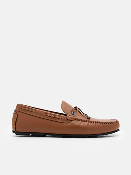 Leather Bow Driving Shoes, Cognac, hi-res