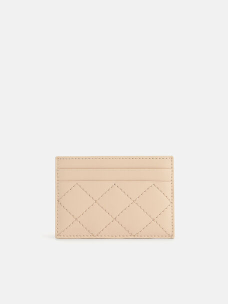 Cris-Cross Pattern Leather Cardholder, Nude, hi-res