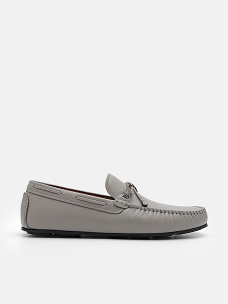 Leather Bow Driving Shoes, Grey, hi-res