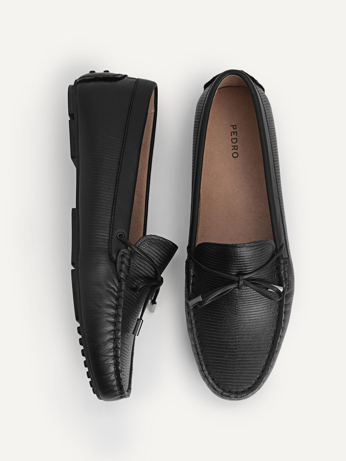 Lizard-effect Leather Bow Driving Shoes, Black
