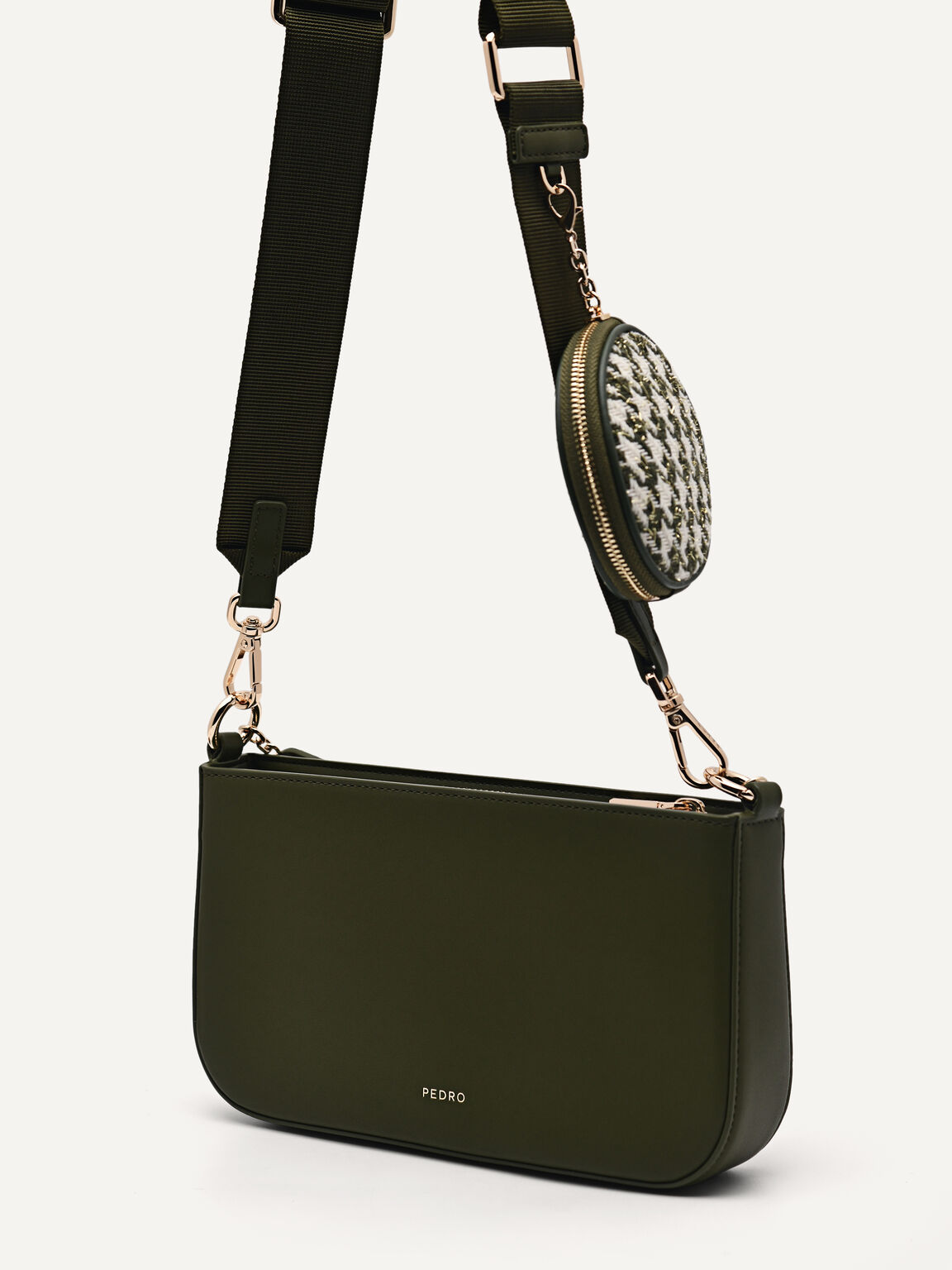 Dilone Houndstooth Double Flap Shoulder Bag, Military Green