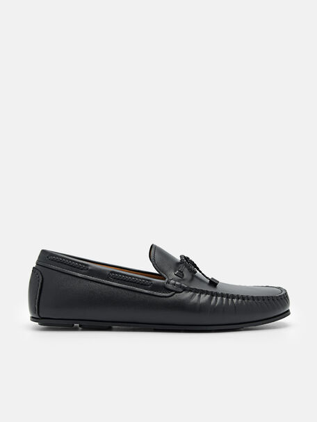 Leather Bow Driving Shoes, Black, hi-res