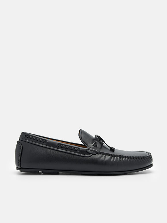 Leather Bow Driving Shoes, Black, hi-res