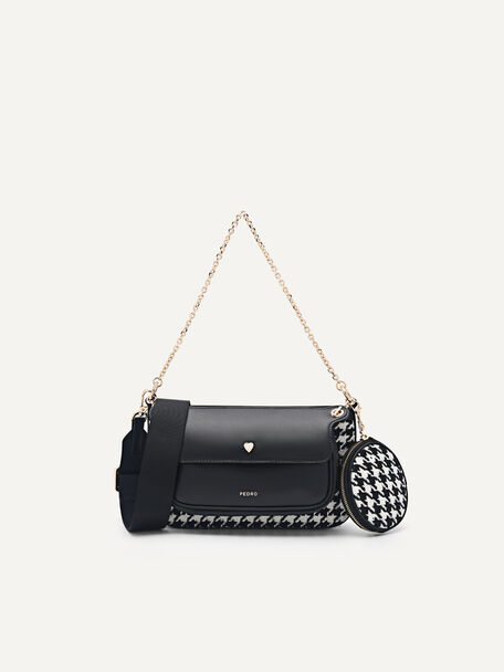Dilone Houndstooth Double Flap Shoulder Bag, Black, hi-res