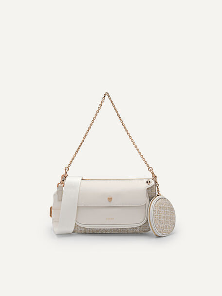 Dilone Houndstooth Double Flap Shoulder Bag, White, hi-res