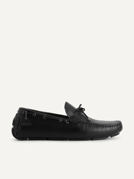Textured Leather Driving Shoes, Black, hi-res