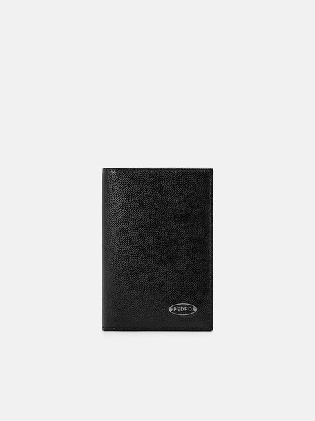 Tempat Kartu Lipat Dua Kulit Emboss, Black, hi-res