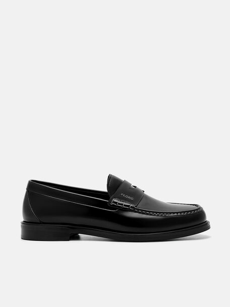 Leather Penny Loafers, Black2, hi-res