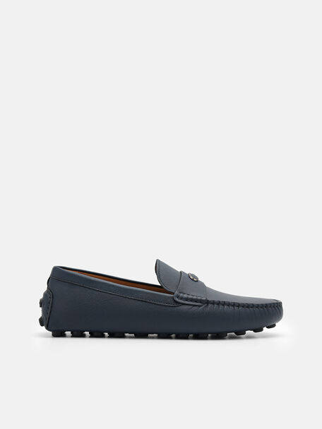 Embossed Leather Driving Shoes, Navy, hi-res