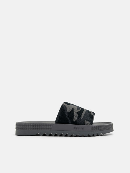 Fabric Slide Sandals, Dark Grey, hi-res