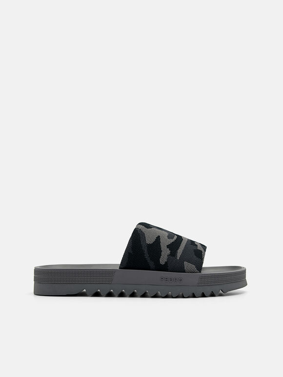 Fabric Slide Sandals, Dark Grey, hi-res