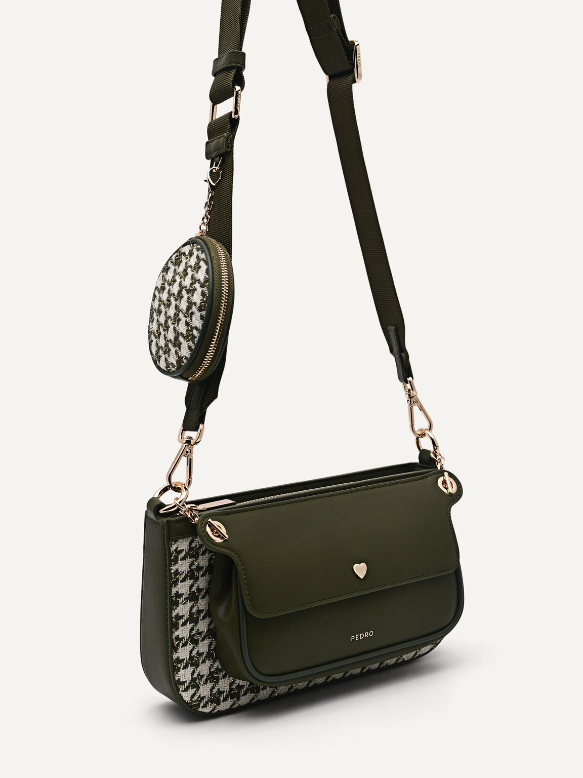 Dilone Houndstooth Double Flap Shoulder Bag, Military Green
