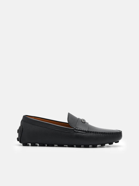 Embossed Leather Driving Shoes, Black, hi-res