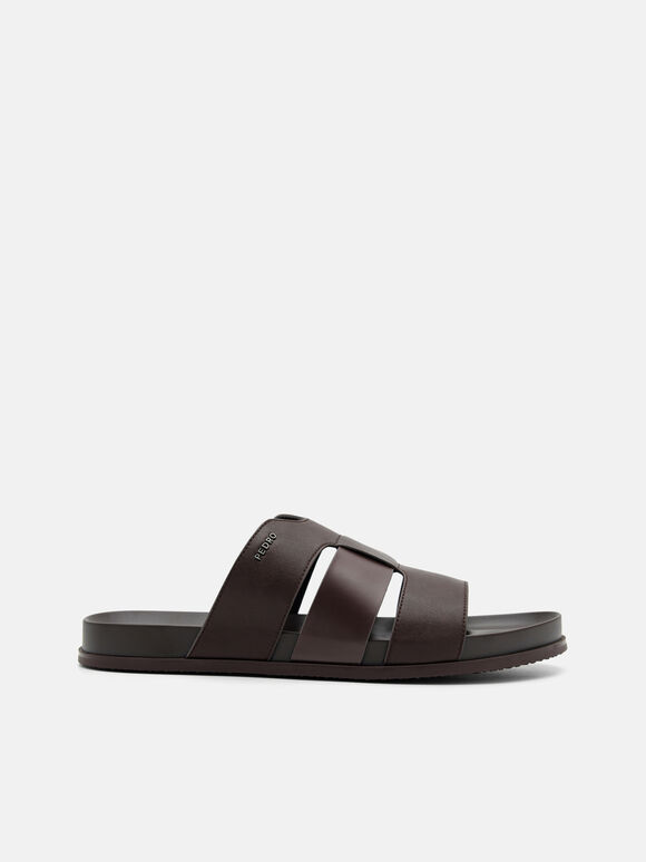 Woven Slide Sandals, Dark Brown, hi-res