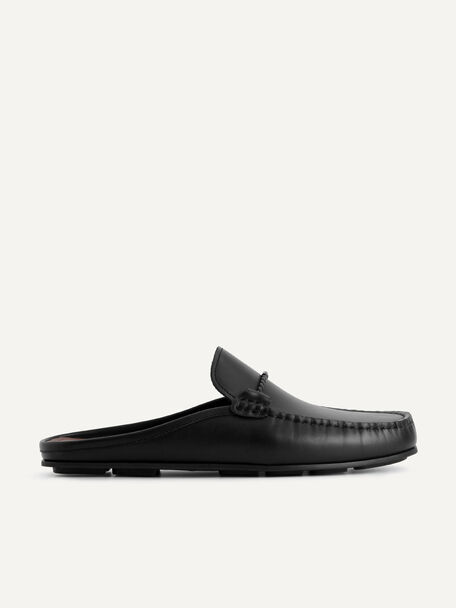 Leather Slip-On Driving Shoes, Black, hi-res