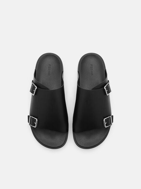 Sandal Slide Kulit dengan Gesper, , hi-res