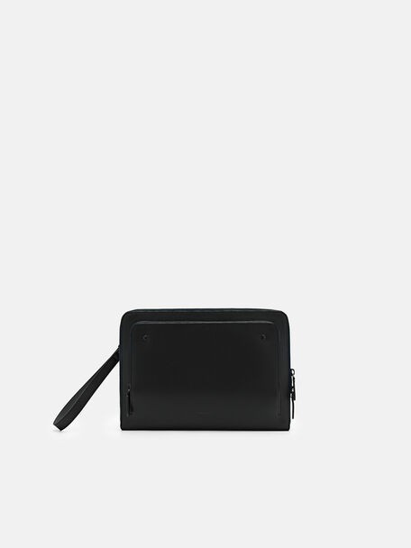 Leather Clutch Bag, Black, hi-res