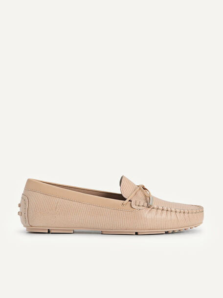 Lizard-effect Leather Bow Driving Shoes, Nude, hi-res