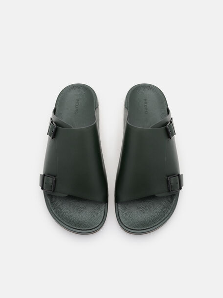 Sandal Slide Kulit dengan Gesper, , hi-res