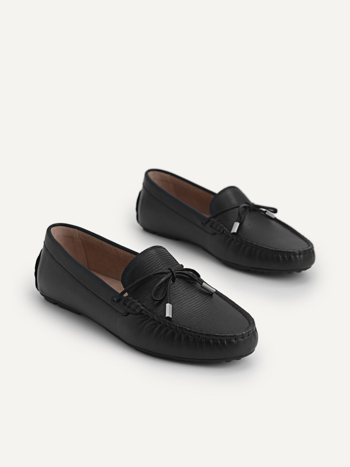 Lizard-effect Leather Bow Driving Shoes, Black