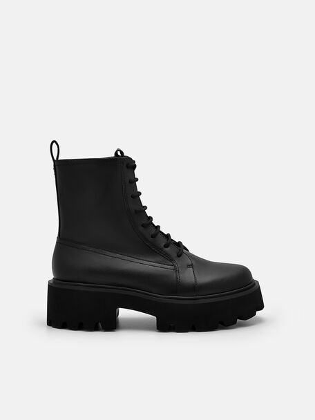 Leather Chunky Boots, Black, hi-res