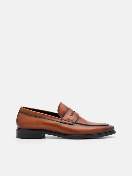 Burnished Leather Penny Loafers, Cognac, hi-res