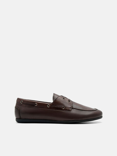 Leather Boat Shoes, Brown, hi-res
