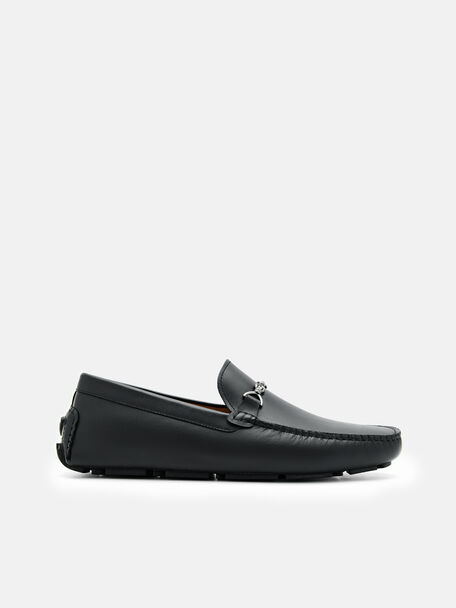 Leather Horsebit Driving Shoes, Black, hi-res