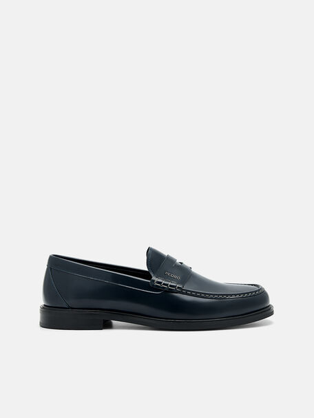 Leather Penny Loafers, Navy, hi-res